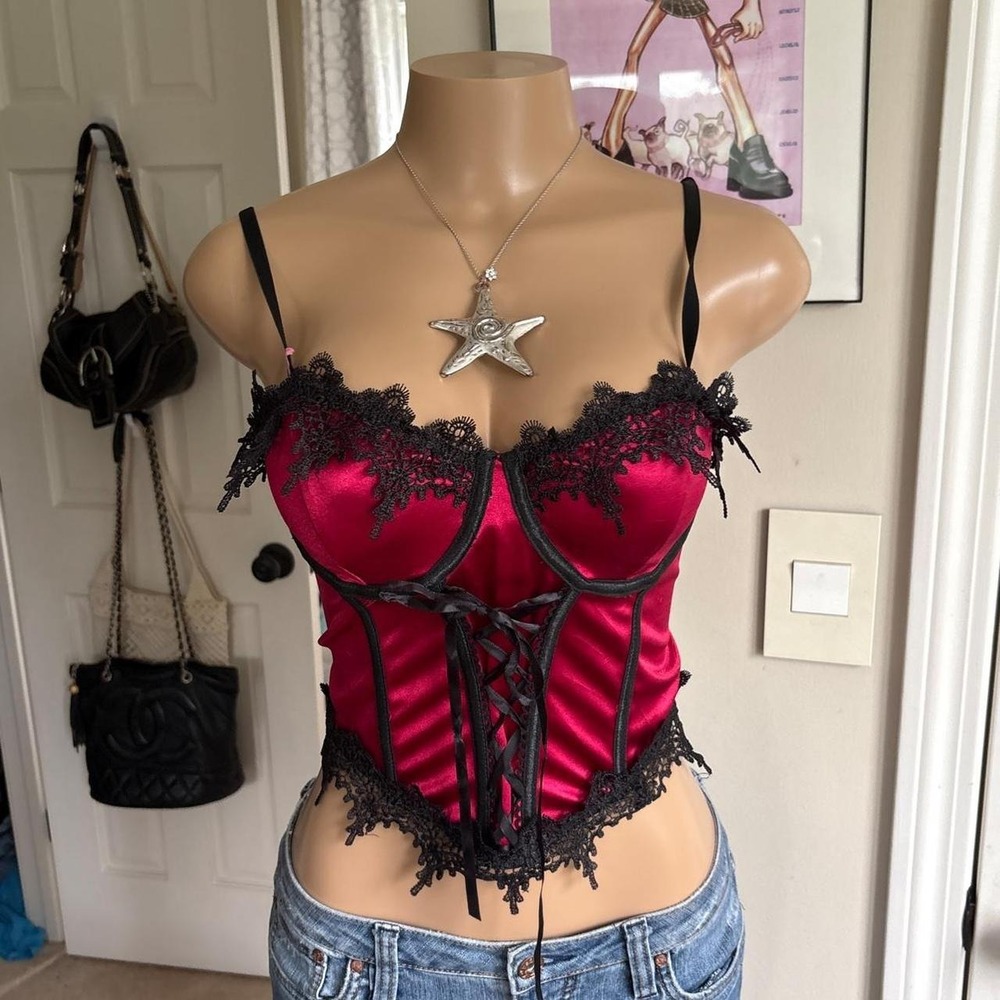 Y2K 2000s sexy red Satin Lace Corset Top